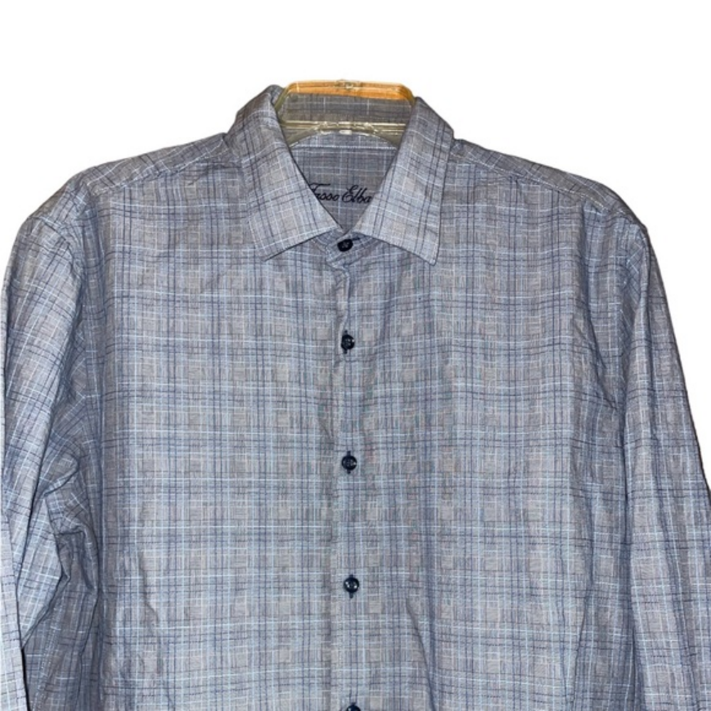 Tasso Elba Men’s Flip Cuff Button Down Shirt Blue Embroidered Cotton XL 17-17.5